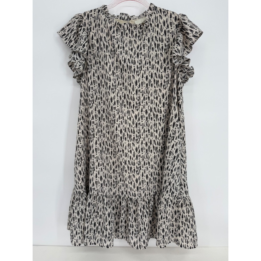 PINCH Womens Print Ruffle Flutter Sleeve Tiered Shift Dress Beige Black Sz L